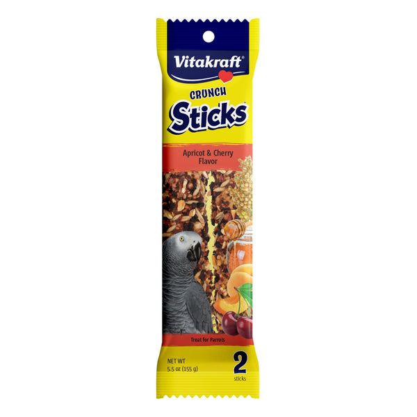 Vitakraft Crunch Sticks for Parrots Apricot and Cherry Flavor Natural Wood Chew Center with Clip Holder Long Lasting Treats for Conures and Parrots - 5.5 oz 2 Sticks