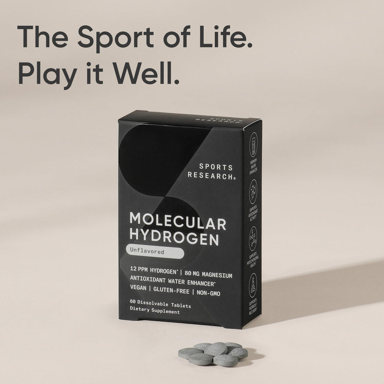 Sports Research® Molecular Hydrogen Water Tablets - Fast Dissolve H2 Tablets with Magnesium - Hydrogen Water - Antioxidant Water Enhancer with Magnesium* - Unflavored, 60 Servings