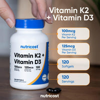 Thumbnail for Nutricost Vitamin D3 + K2 (5000 IU D3 / 100mcg MK7), 120 Softgels – Gluten-Free & Non-GMO