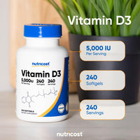 Thumbnail for Nutricost Vitamin D3 5,000 IU (125mcg), 240 Softgels - Non-GMO and Gluten Free Vitamin D