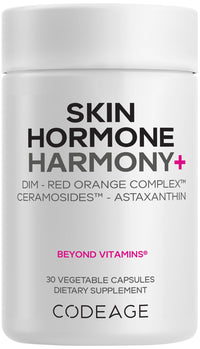 Thumbnail for Codeage Skin Hormone Harmony+ Supplement – Skin Hair Support with Ceramosides, Red Orange Complex, Diindolylmethane, Astaxanthin, Vitamin C Ascorbic Acid, Liposomal Delivery – Non-GMO – 30 Capsules