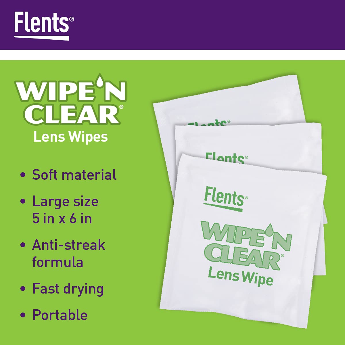 Flents Wipe â€™N Clear Biodegradable Lens Wipes, 225 Count Pre-Moistened Eyeglass Cleaner Wipes for Glasses, Screens, and Lenses, Anti-Streak, Quick Dry, Individually Wrapped