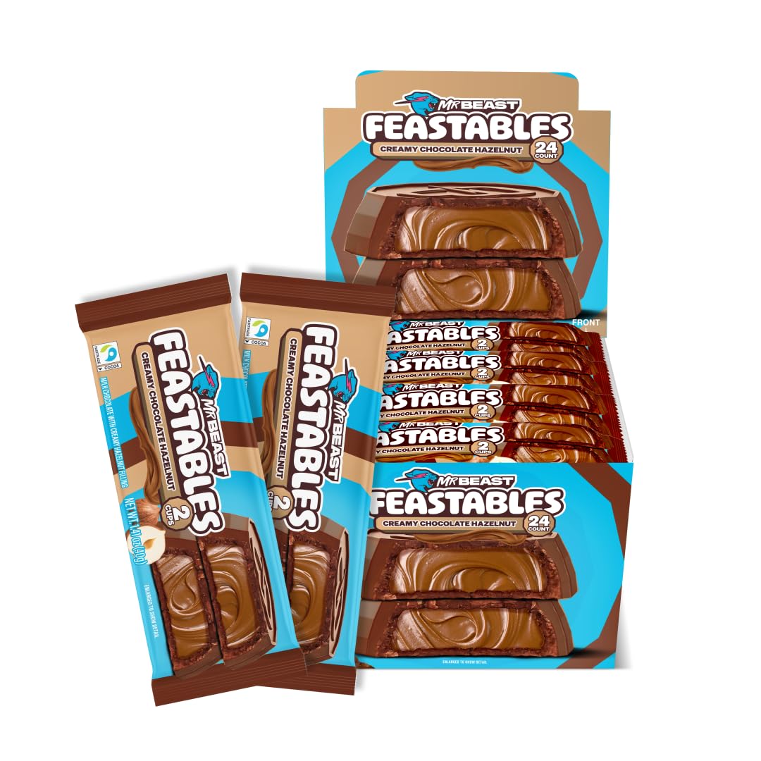MrBeast Feastables Hazelnut Cups, 24 Count, Milk Chocolate with Creamy Hazelnut Filling, 2-Cup Packs, Fairtrade Cocoa