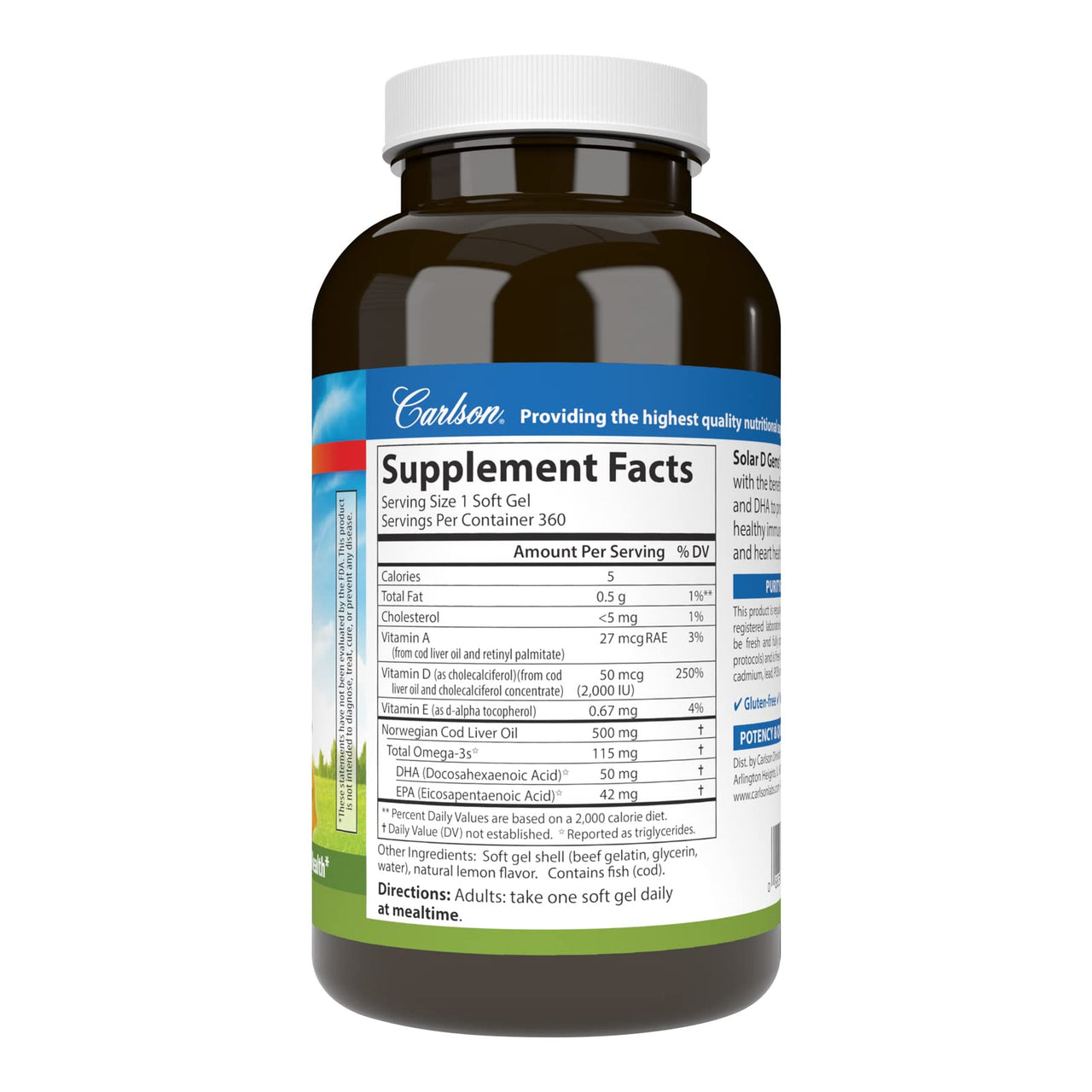 Carlson - Solar D Gems, Vitamin D3 and Omega-3 Supplement, 2000 IU (50 mcg) Vitamin D3, 115 mg Omega-3s EPA and DHA Supplement, Wild Caught, Sustainably Sourced, Lemon, 360 Softgels