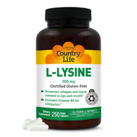 Thumbnail for Country Life L-Lysine 500mg with B-6, Supports Immune Health, Promotes Collagen Renewal in Lips and Mouth, 250 Vegan Capsules, Certified Gluten Free, Certified Vegan