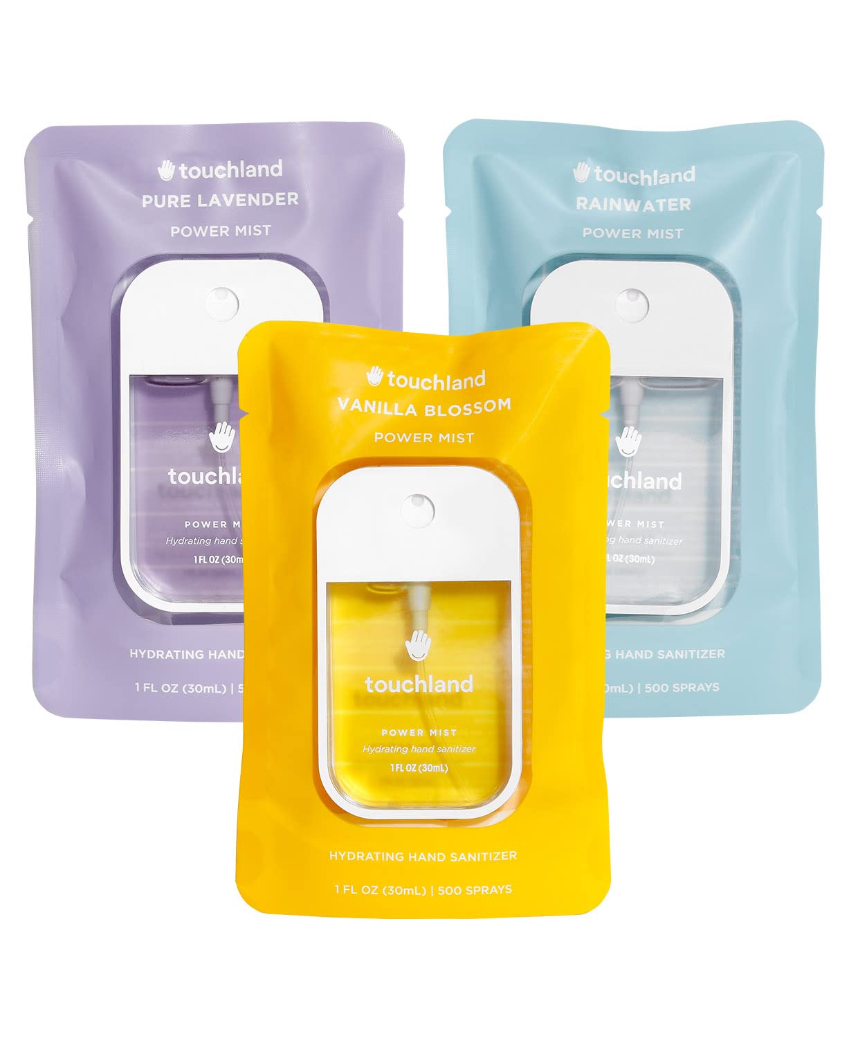 Touchland Hydrating Hand Sanitizer Spray, BLOSSOM Trio Set (Lavender, Vanilla, Rainwater), 1 FL. OZ. Travel Size Power Mist Sprays (Set of 3)