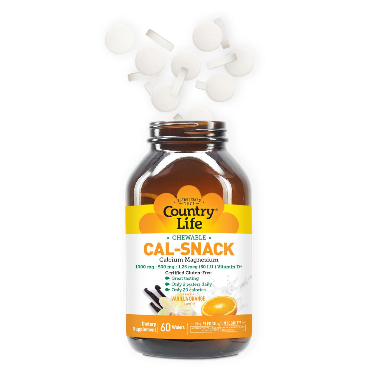Country Life Cal-Snack, Chewable Calcium, Magnesium with Vitamin D, 1000mg/500mg/50 IU, Dairy-Free, Vanilla Orange Flavor, 60 Wafers, Certified Gluten Free, Certified Vegan