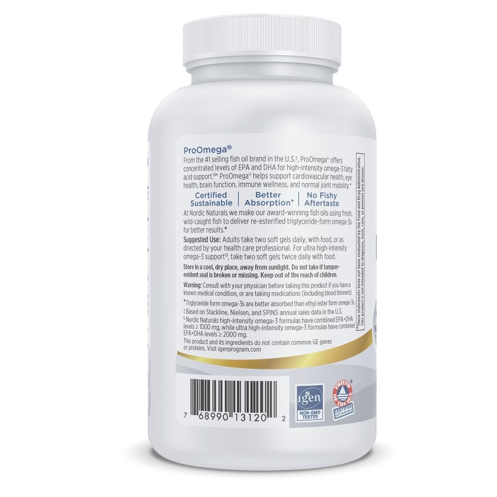 Nordic Naturals ProOmega, Lemon Flavor - 120 Soft Gels - 1280 mg Omega-3 - High Potency Fish Oil with EPA & DHA - Promotes Brain, Eye, Heart, & Immune Health - Non-GMO - 60 Servings