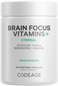 Thumbnail for Codeage Brain Focus Vitamins+ Nootropic Supplement with Citicoline as Cognizin, Panax Ginseng, Resveratrol, Gotu Kola, Vitamin B12 Methylcobalamin - Liposomal Delivery - Non-GMO - 60 Capsules
