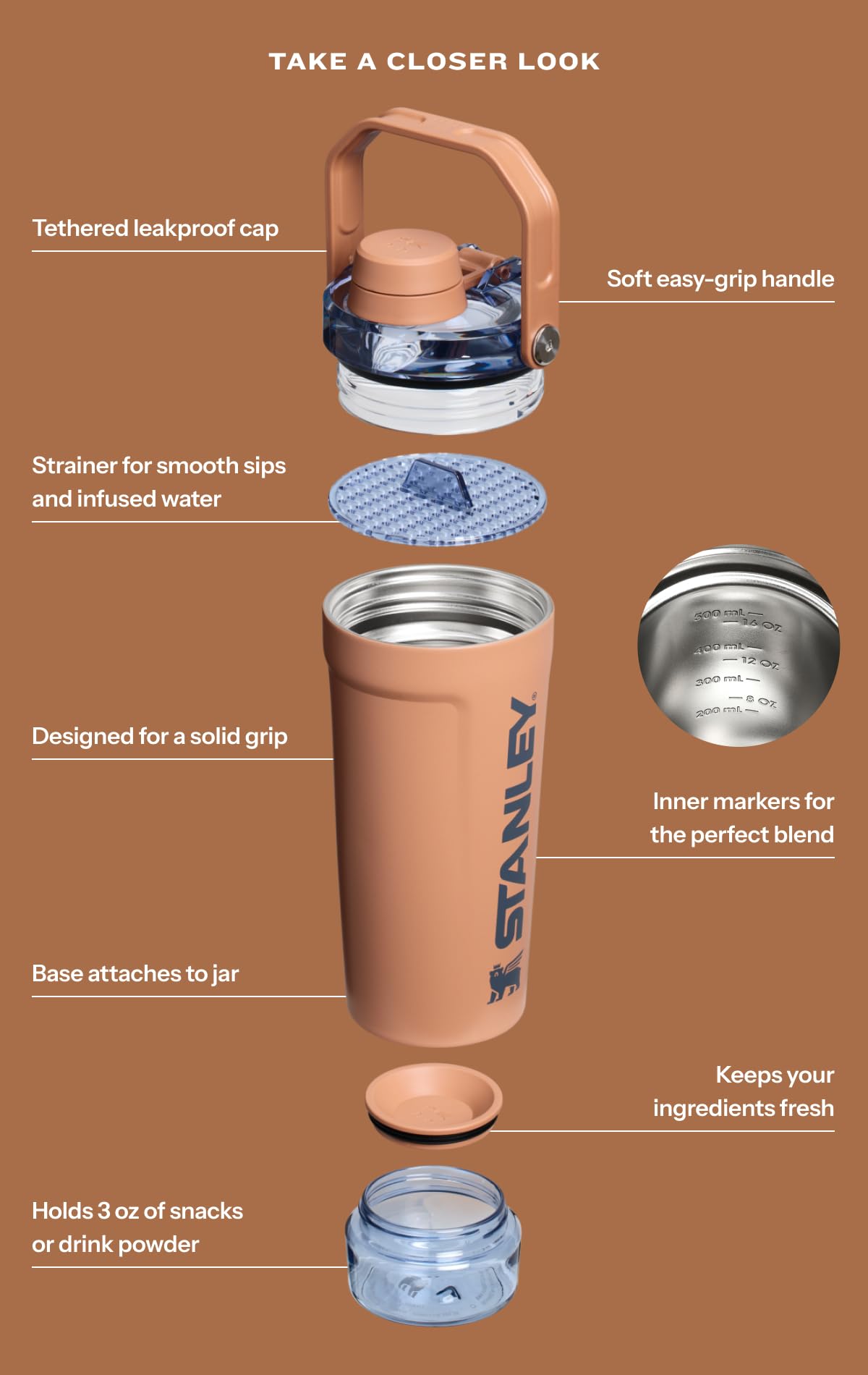 STANLEY Vitalize Shaker Bottle 20 oz | Leakproof Insulated Stainless Steel Shaker Cup | Base Storage and Twist On Fast Flow Lid | Protein Shakes and Pre Workout Powder | BPA-Free | Dried Pine