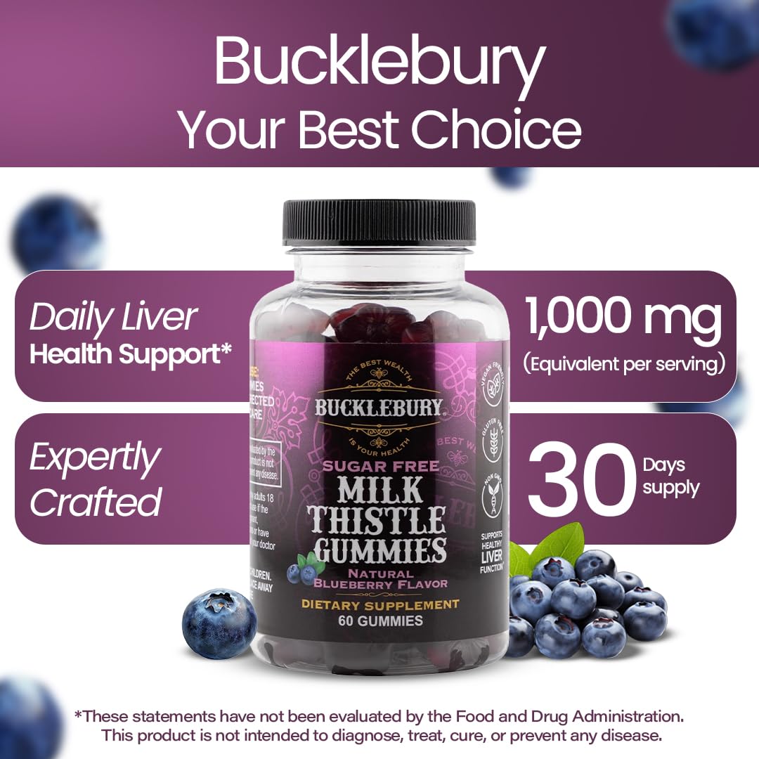 Bucklebury Sugar-Free Milk Thistle Gummies 1000mg with Natural Blueberry Flavor - Vegan, Gluten-Free, Non-GMO Natural Milk Thistle Supplement for Liver Health, Immunity & Antioxidant Support -60 Count