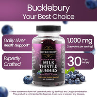 Thumbnail for Bucklebury Sugar-Free Milk Thistle Gummies 1000mg with Natural Blueberry Flavor - Vegan, Gluten-Free, Non-GMO Natural Milk Thistle Supplement for Liver Health, Immunity & Antioxidant Support -60 Count