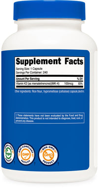 Thumbnail for Nutricost Vitamin K2 (MK4) 240 Capsules (100mcg) - Gluten Free and Non-GMO