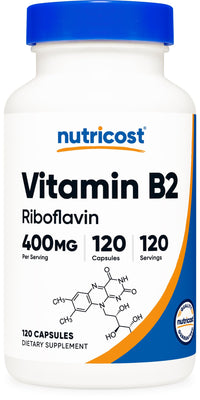 Thumbnail for Nutricost Vitamin B2 (Riboflavin) 400mg, 120 Capsules - Gluten Free, Non-GMO