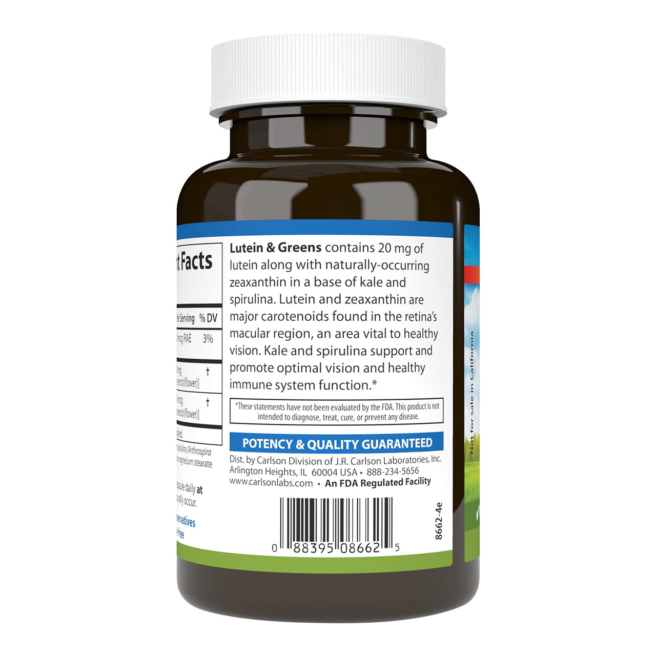 Carlson - Lutein & Greens, 20 mg, Vision Support & Eye Function, Antioxidant, 180 Vegetarian Capsules