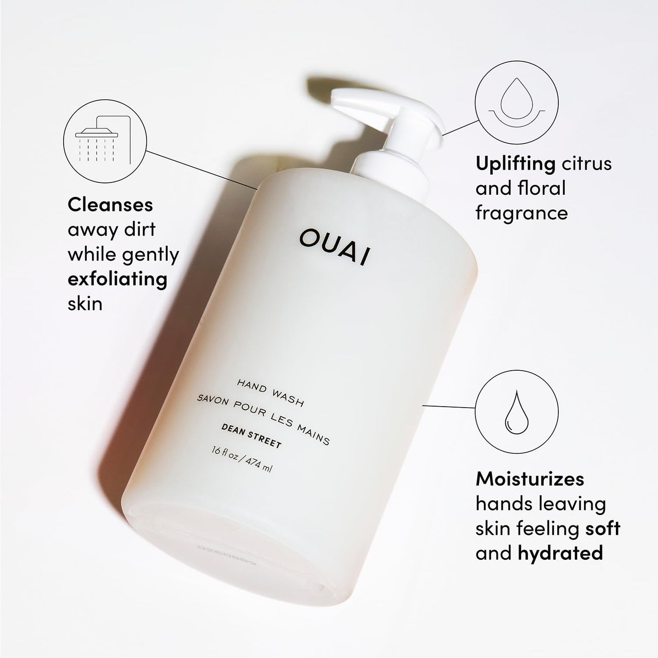 OUAI Hand Wash Full Size - Liquid Hand Soap with Jojoba, Avocado, & Rose Hip Oil for Replenished Skin - Gentle Exfoliating Bathroom + Kitchen Hand Soap - (2 Pack, 16 Fl Oz Each)