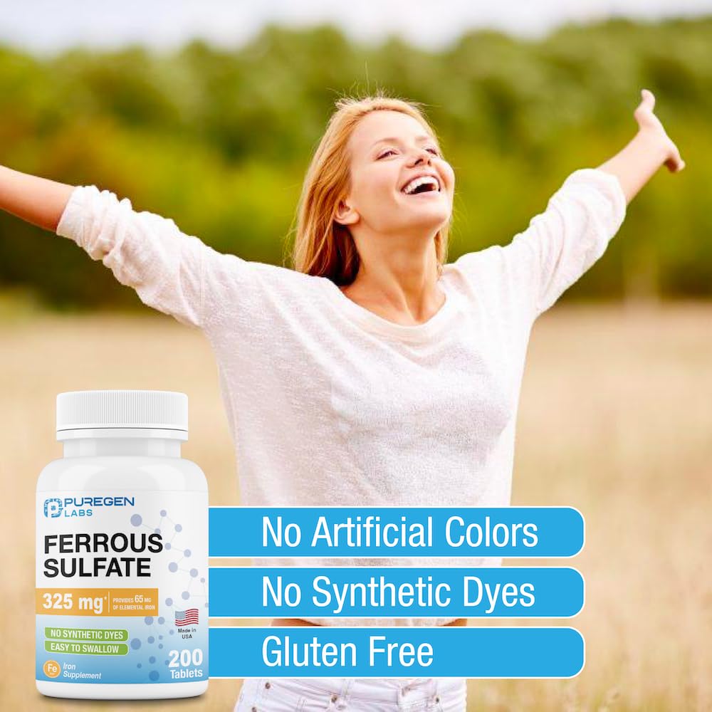 Puregen Labs Ferrous Sulfate 325 mg (65 mg Elemental Iron) High Potency Iron Supplement | No Artificial Color Additives - 200 Tablets Made in USA