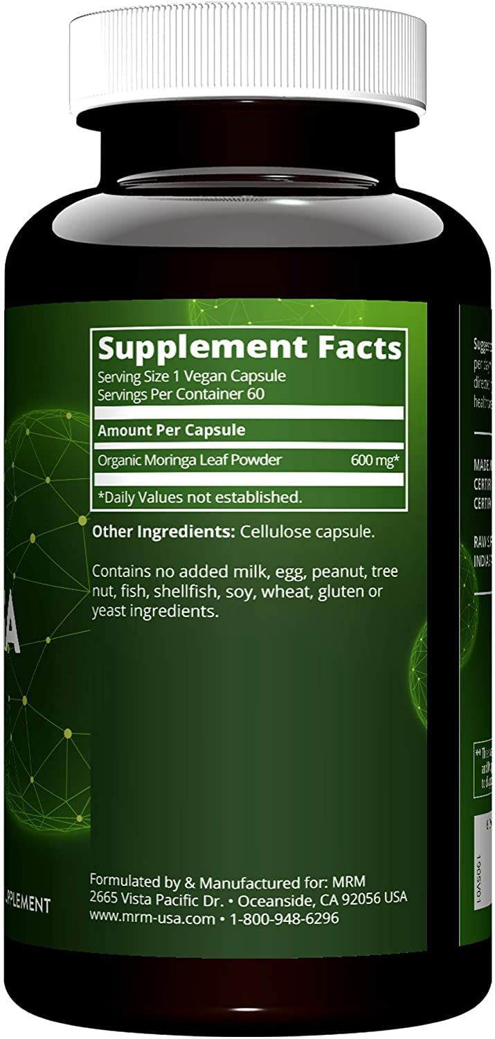 MRM Nutrition Moringa Leaf Capsules - For Women & Men - Made with 600mg Organic Moringa, Supplement to Support Nutrient Density and Digestive Health, Vegan, Gluten‑Free, & Non‑GMO - 60 Servings