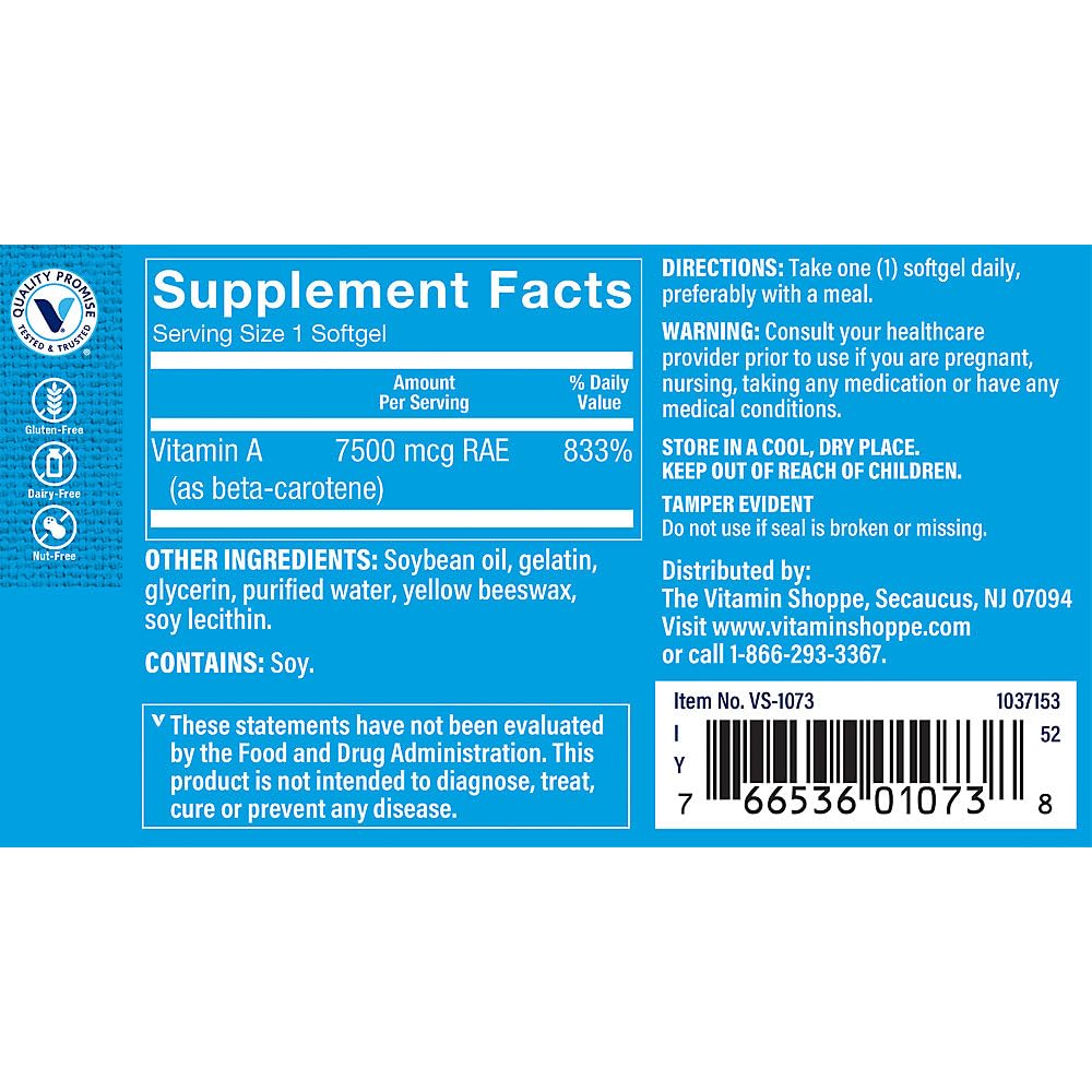 The Vitamin Shoppe Beta-Carotene 25000IU Vitamin A - Antioxidant Vision & Immune | Pro-Vitamin A Carotenoid | 300 Softgels | Eye Health