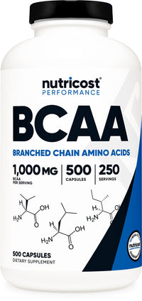 Thumbnail for Nutricost BCAA 1000mg, 500 Capsules (250 Serv), 2:1:1 Branched Chain Amino Acids (500mg of L-Leucine, 250mg of L-Isoleucine and L-Valine)