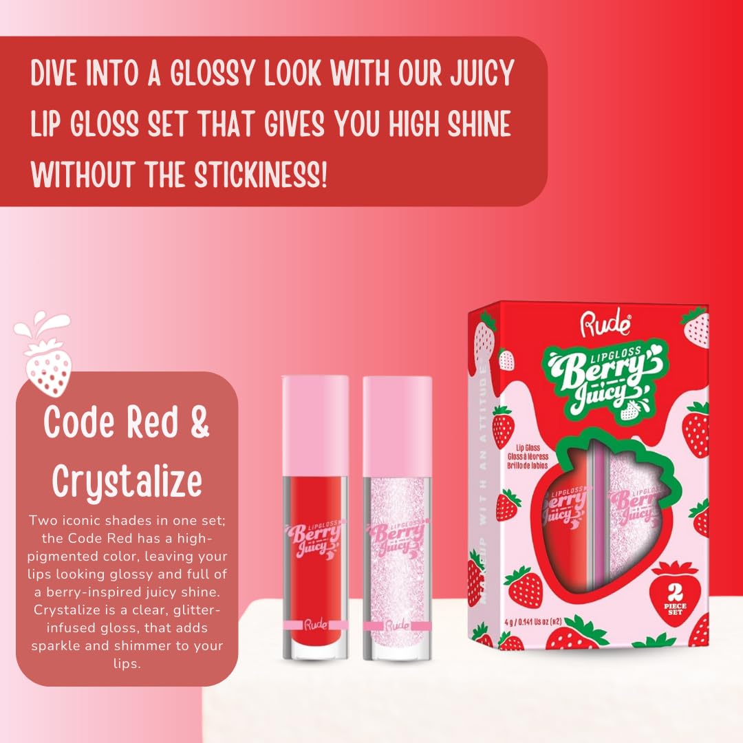 RUDE Cosmetics Berry Juicy Lip Gloss for Women, High Shine Lip Glosses Set, Moisturizing & Hydrating Lipgloss for Girls, Ideal for Day & Night Makeup Looks, Crystalize & Code Red