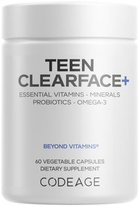 Thumbnail for Codeage Teen Clearface Adolescent Face, Skin & Pimples, Vitamins A, C, D3, E, Pantothenic Acid, Niacin, Zinc Supplement Teenagers, Probiotics, L-Lysine, Omega-3, Oily Skin, Pores, Spots - 60 Capsules
