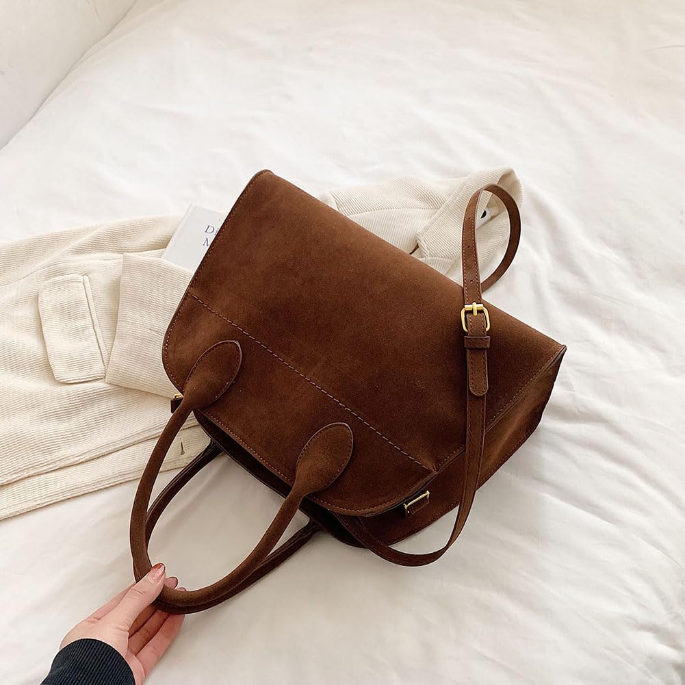 Covelin Women's Retro Suede Tote Bag Ladies' Fashion Shoulder Handbag Top Handle Purse Small Brown