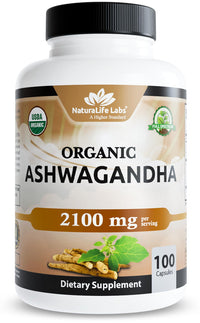 Thumbnail for NaturaLife Labs Organic Ashwagandha 2100 mg per Serving – Herbal Supplement Root Powder & Extract – 100 Capsules – Vegan, Non-GMO, Gluten-Free