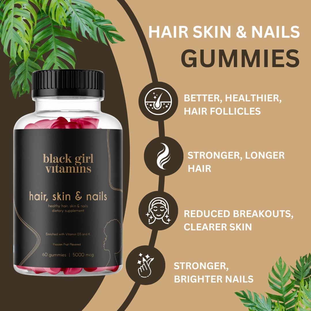 Black Girl Vitamins - Hair, Skin, and Nails Gummies with Biotin (6000 mcg), Zinc, Gelatin Free, Vitamin A, and Vitamin E - Gluten-Free. Made in The USA (Passion Fruit, 60 Count) 30 Day Supply