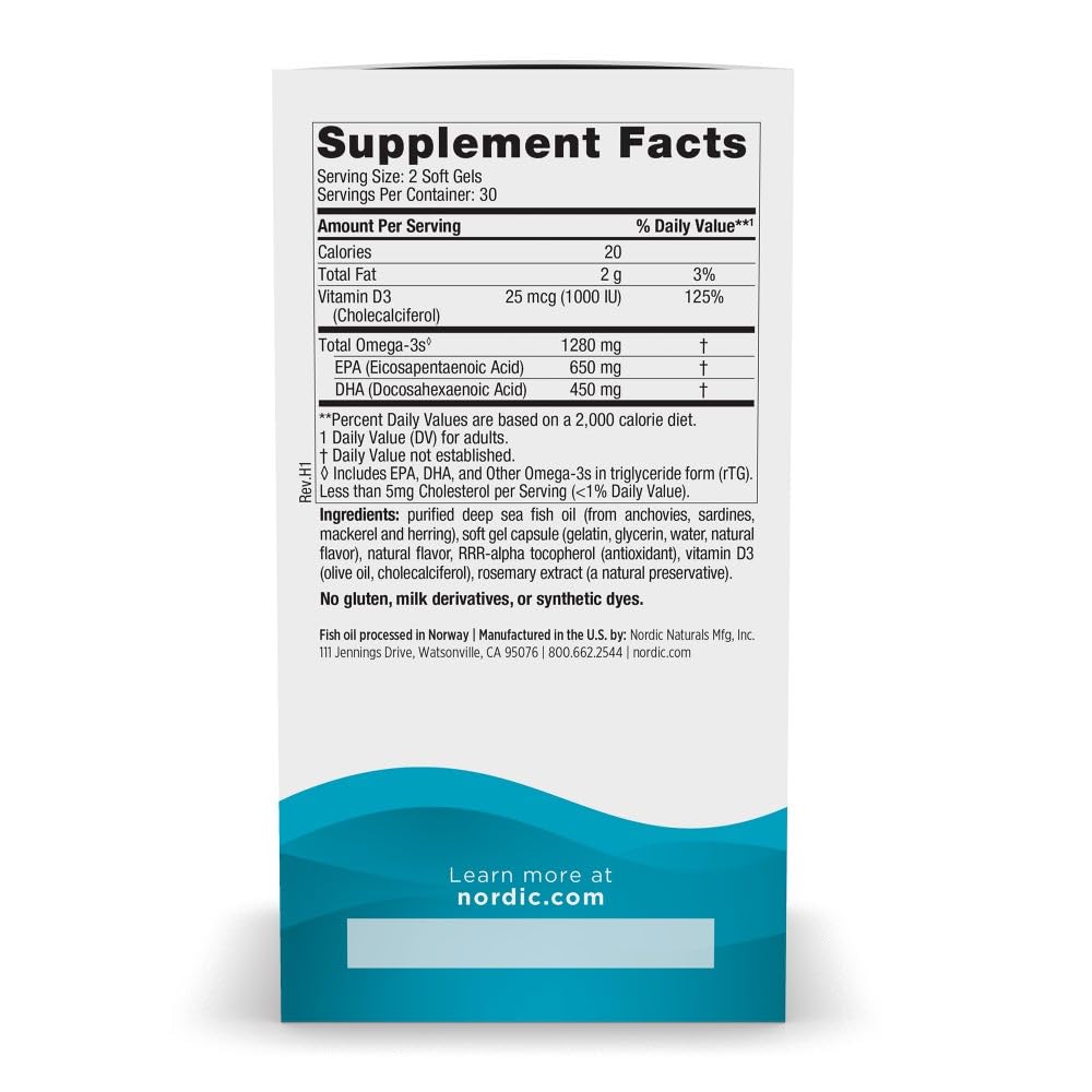 Nordic Naturals Ultimate Omega-D3, Lemon Flavor - 60 Soft Gels - 1280 mg Omega-3 + 1000 IU Vitamin D3 - EPA & DHA - Promotes Brain, Heart, & Immune Health - 30 Servings