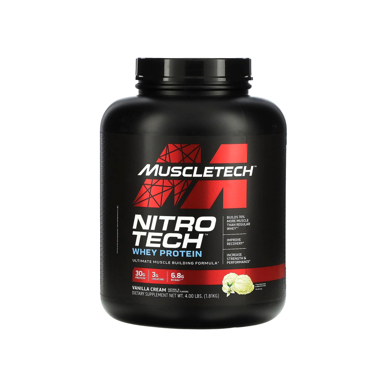 Muscletech Whey Protein Powder (Vanilla Cream, 4 Pound) - Nitro-Tech Muscle Building Formula with Whey Protein Isolate & Peptides - 30g of Protein, 3g of Creatine & 6.6g of BCAA