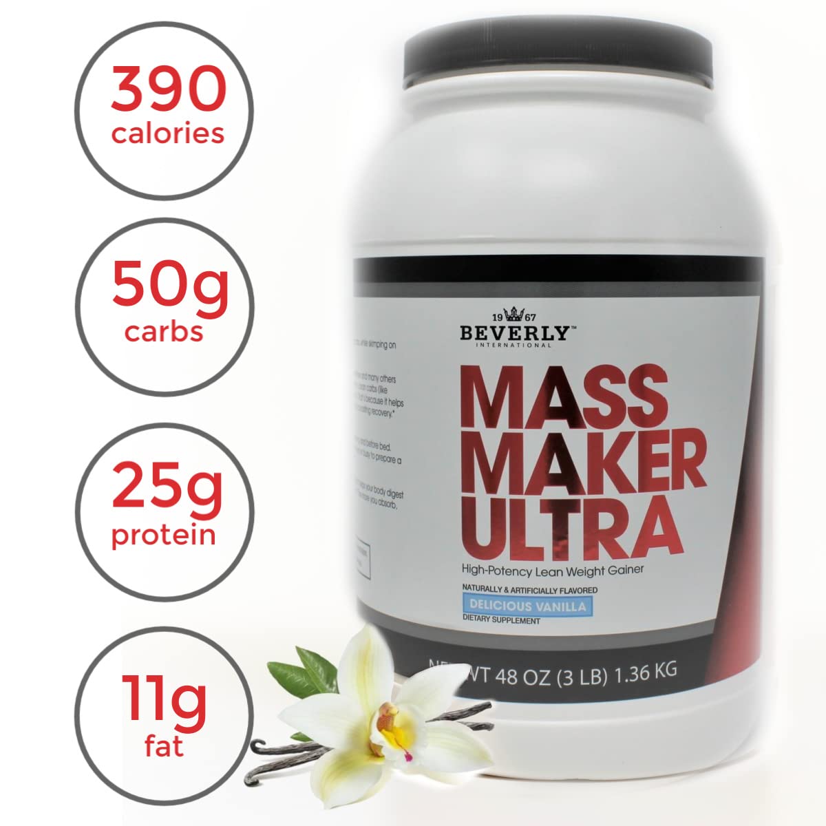 Beverly International Mass Maker Ultra Vanilla, 14 Servings, 3lb. Build Lean Mass Like a Pro. Milk Protein Isolate, Whey Protein Isolate + Egg. MCT Oil. Clean Carbs, Great Taste