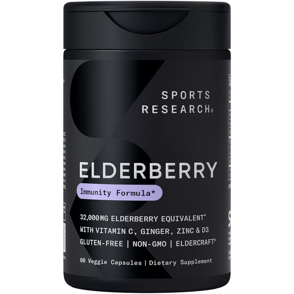 Sports Research® Elderberry Immune Support with Zinc, Ginger, Vitamin C & D3 - Vegan Friendly · Non-GMO · Gluten Free - 60 Veggie Capsules