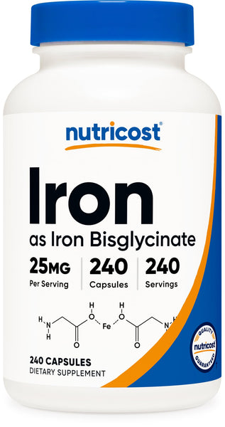 Nutricost Iron Bisglycinate Supplement (25mg) 240 Capsules - from Ferrous Bisglycinate Chelate - Non-GMO & Gluten-Free, Gentle Iron