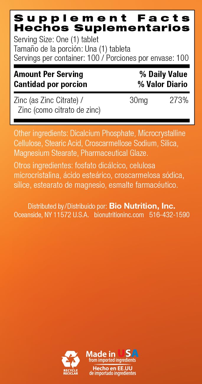 Bio Nutrition Zinc Citrate, 30 mg, 100 Tablets