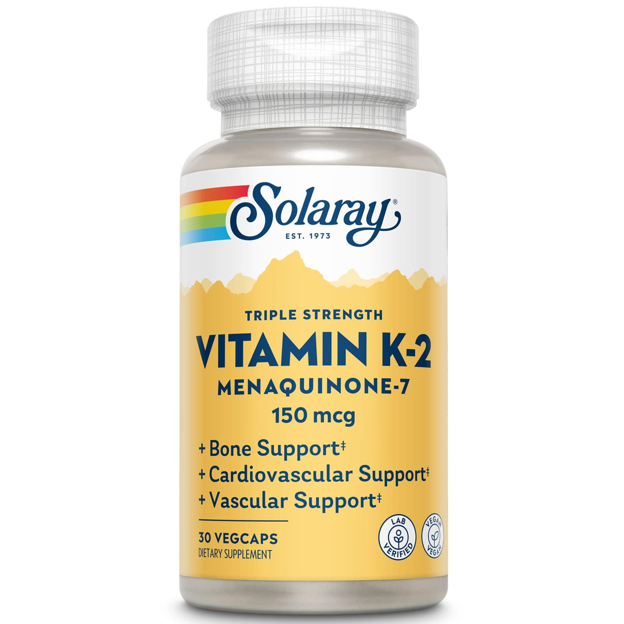 Solaray Triple Strength Vitamin K-2 as MK-7 150 mcg - Vitamin K2 MK7 Supplement for Bone Health Support, Pure Vit K2 as Menaquinone for Women and Men - 30 Vegan Capsules
