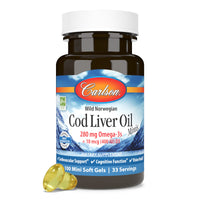 Thumbnail for Carlson - Cod Liver Oil Minis, 280 mg Omega-3s + Vitamins A & D3, Heart Support & Cognitive Function, Vision Health, 100 Mini Softgels