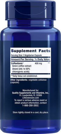 Thumbnail for Life Extension CoffeeGenic® Green Coffee Extract, 400 mg, standardized for 50% chlorogenic Acid, After-Meal Metabolism Support, Gluten Free, Non-GMO, Vegetarian, 90 Capsules