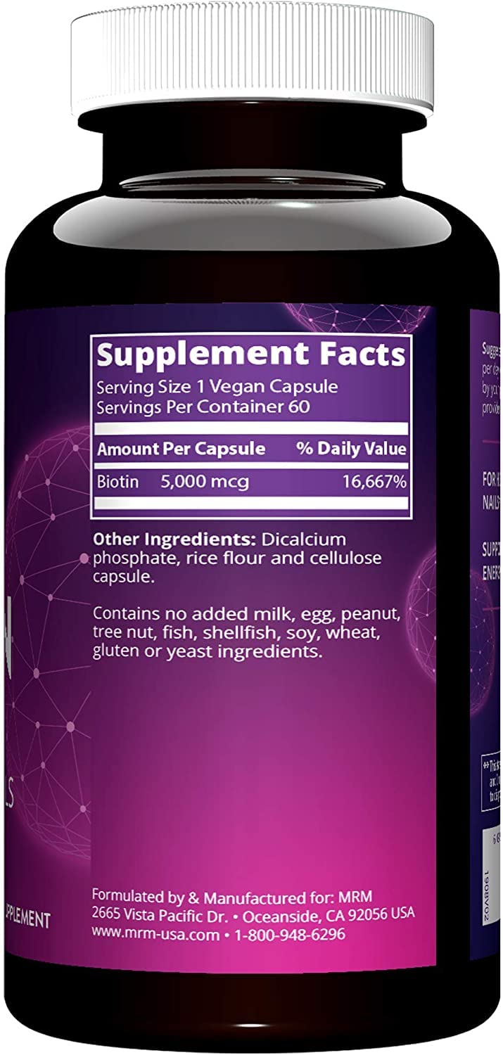 MRM Nutrition Biotin Capsules - For Womem & Men - 5000 mcg, Supports Hair Growth, Healthy Skin & Nails, Vegan B7 Supplement for Cellular Energy, Keratin Strength & Nutrient Metabolism - 60 Servings