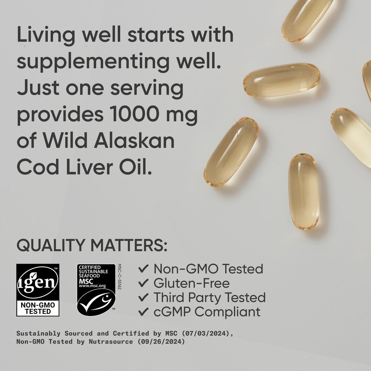 Sports Research® Omega-3 Wild Alaskan Cod Liver Oil 1000mg with Vitamins A (1000 IU) & D3 (400 IU) - Burpless, Bovine Free, Non-GMO, & MSC Certified Sustainable - 120 Softgels