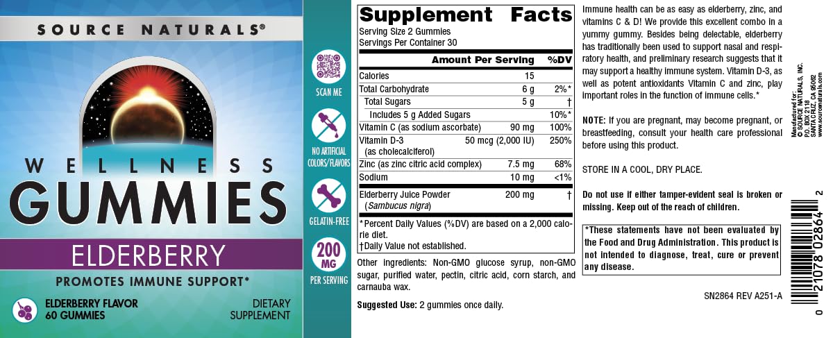 Source Naturals Wellness Elderberry Gummies, Promotes Immune Support*, 200 mg - Antioxidant Support - 60 Gummies