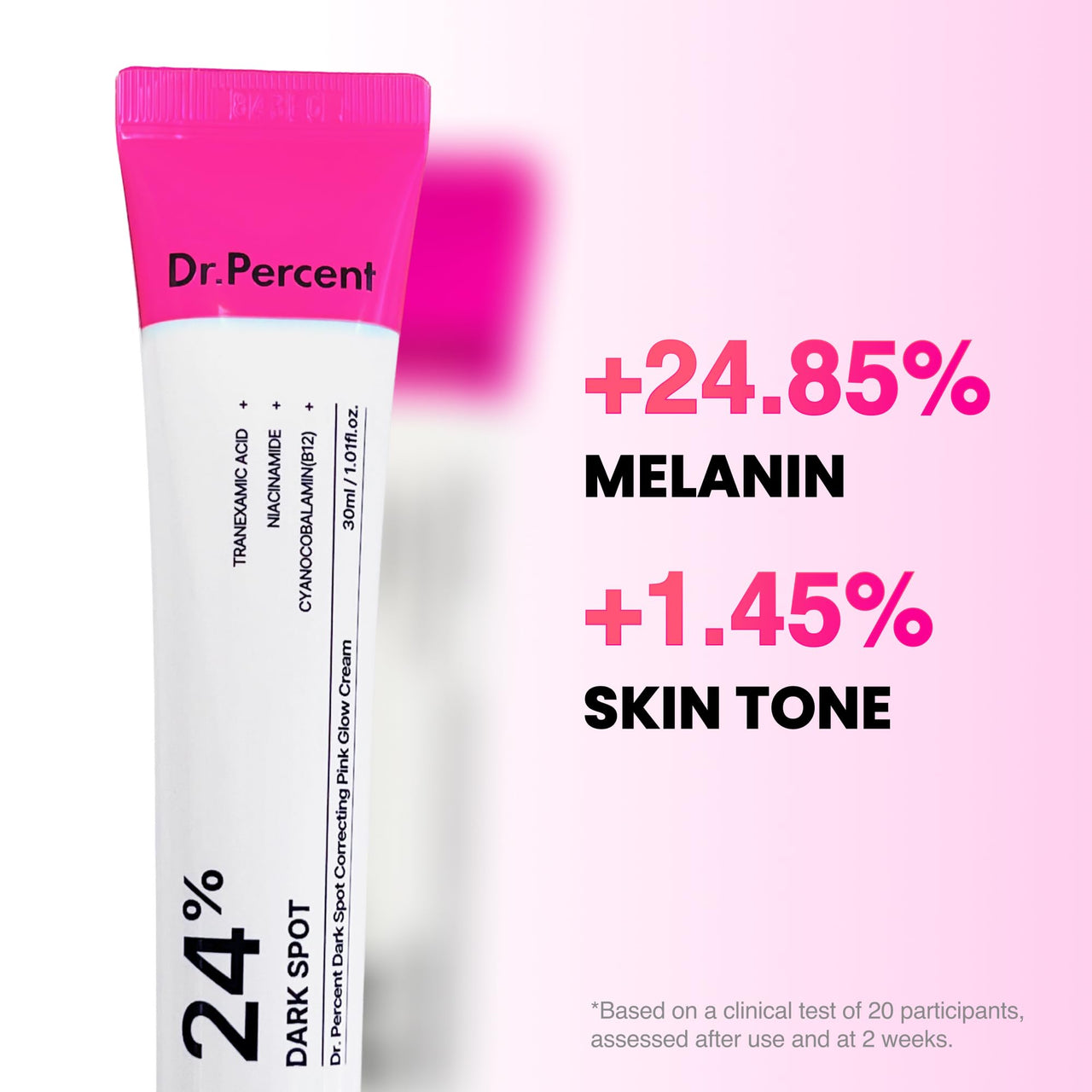 Dr.Percent Dark Spot 24% Correcting Pink Glow Cream | Tranexamic Acid 6%, Niacinamide 5%, Dark Spots, Blemishes, HyperPigmentation, Low-Irritating, Korean Skincare, 30ml, 1.01 fl.oz.
