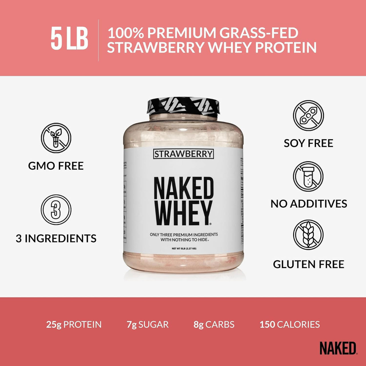 NAKED Strawberry Whey Protein Powder 5LB (61 Servings) + Pure Micronized Creatine Monohydrate 500g (100 Servings) – Bulk; Grass-Fed; Non-GMO; Gluten Free; Soy Free