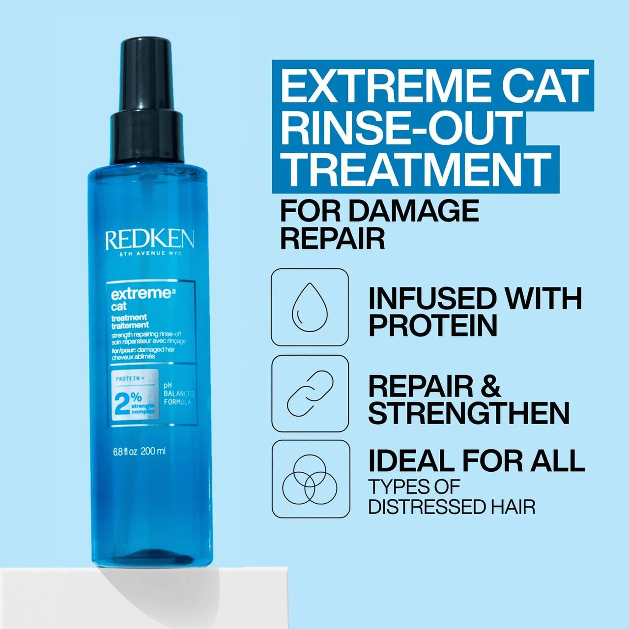 Redken Extreme CAT Anti-Damage Protein Reconstructing Treatment | For Distressed Hair | Strengthens Hair & Adds Shine | With Ceramide | 5 Fl Oz, 6.8 fl. oz