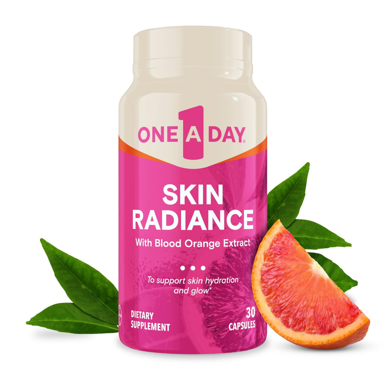 One A Day Skin Radiance, Skin Supplement to Support Hydration & Glow with Blood Orange Extract & Collagen Health with Vitamin C & Vitamin E, 30 Capsules