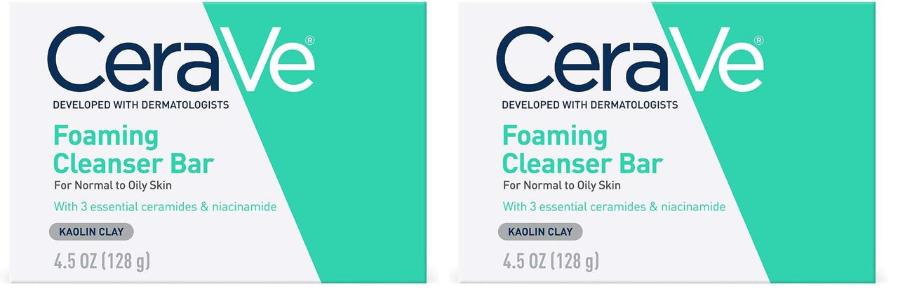 CeraVe Foaming Cleanser Bar, Soap-Free Body and Face Cleanser Bar for Oily Skin, Fragrance Free, 4.5 Ounce (Pack of 2)