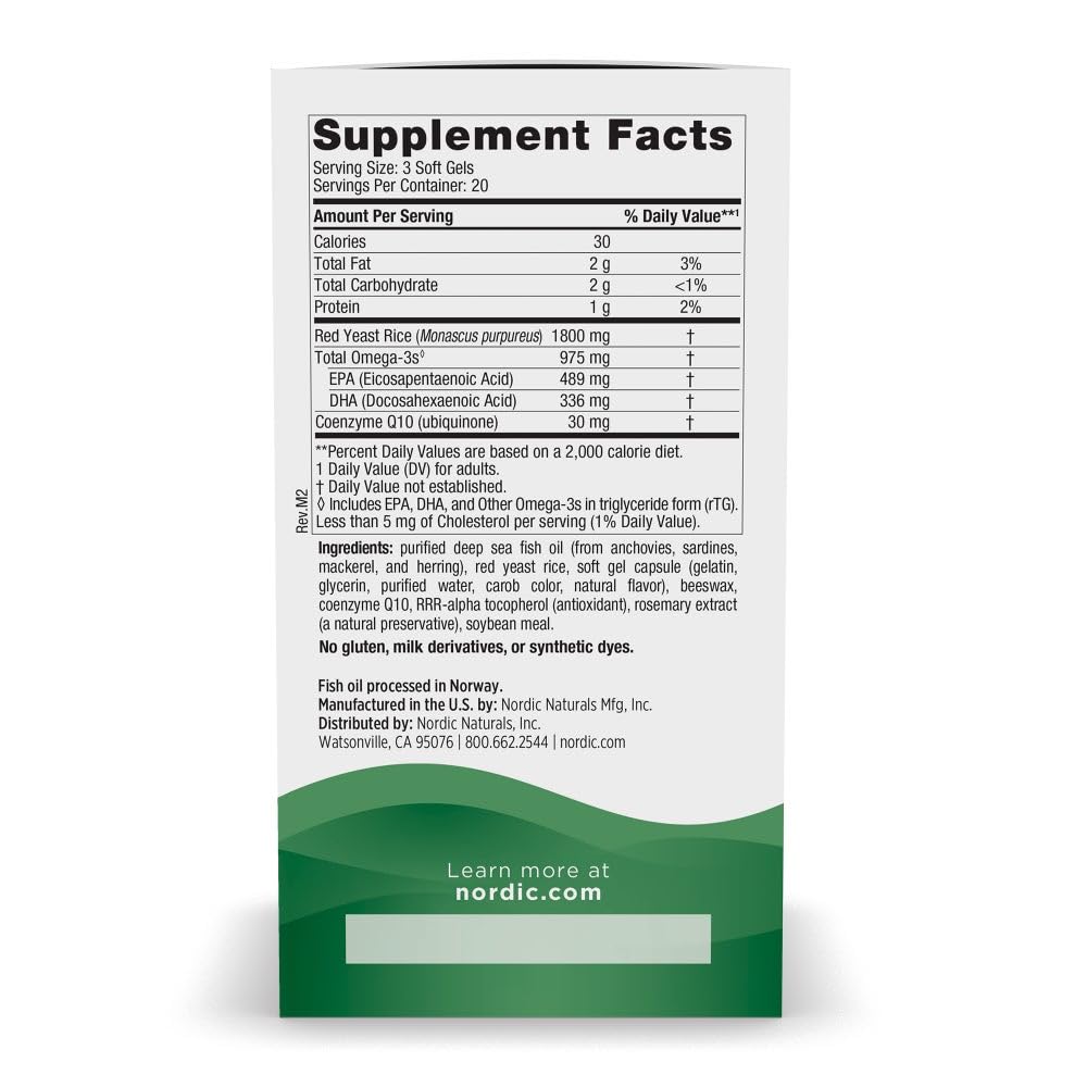 Nordic Naturals Cholesterol Support, Lemon - 60 Soft Gels - 975 Omega-3 + Red Yeast Rice & CoQ10 - Normal Cholesterol, Antioxidant Support - EPA & DHA - Non-GMO - 20 Servings