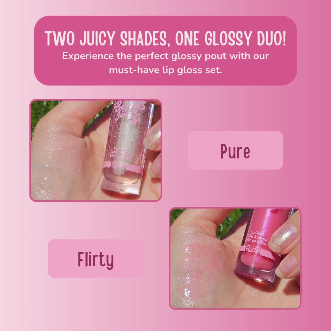 RUDE Cosmetics Berry Juicy Lip Gloss Duo, High Shine Lip Glosses Set, Moisturizing & Hydrating Lipgloss, Ideal for Day & Night Makeup Looks, Pure & Flirty