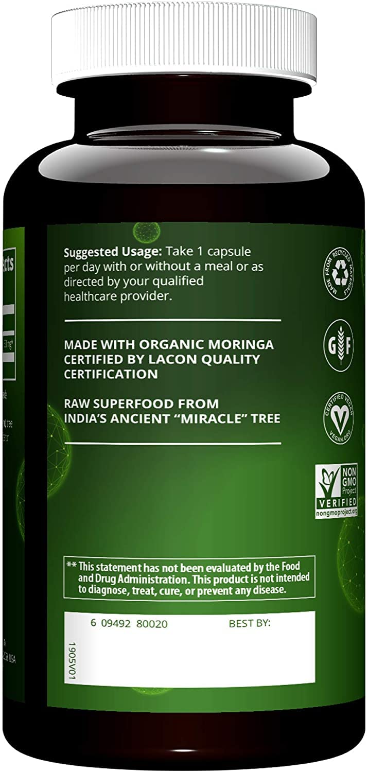 MRM Nutrition Moringa Leaf Capsules - For Women & Men - Made with 600mg Organic Moringa, Supplement to Support Nutrient Density and Digestive Health, Vegan, Gluten‑Free, & Non‑GMO - 60 Servings