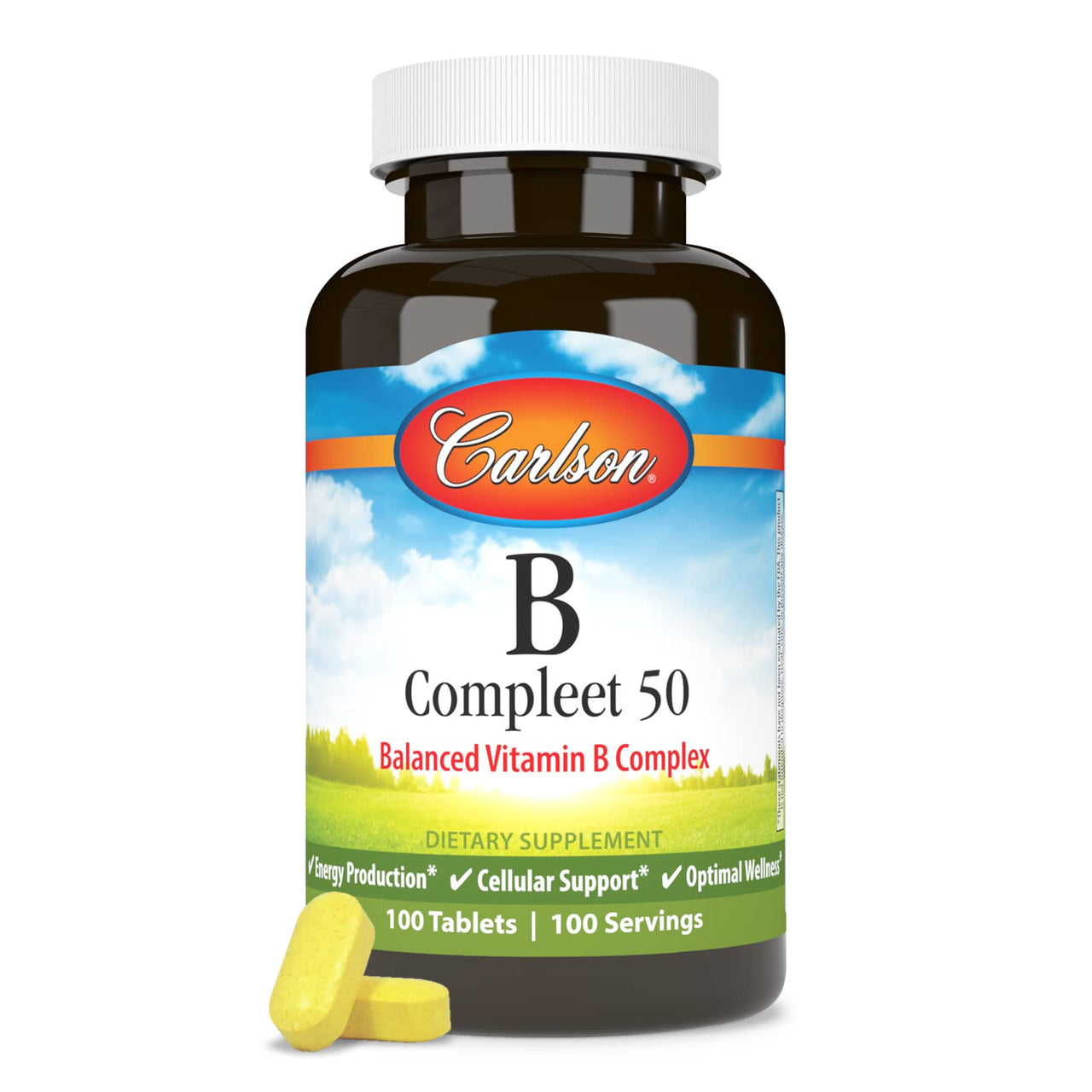 Carlson - B Compleet 50, Balanced Vitamin B Complex, Energy Production, Cellular Support & Optimal Wellness, 100 Tablets